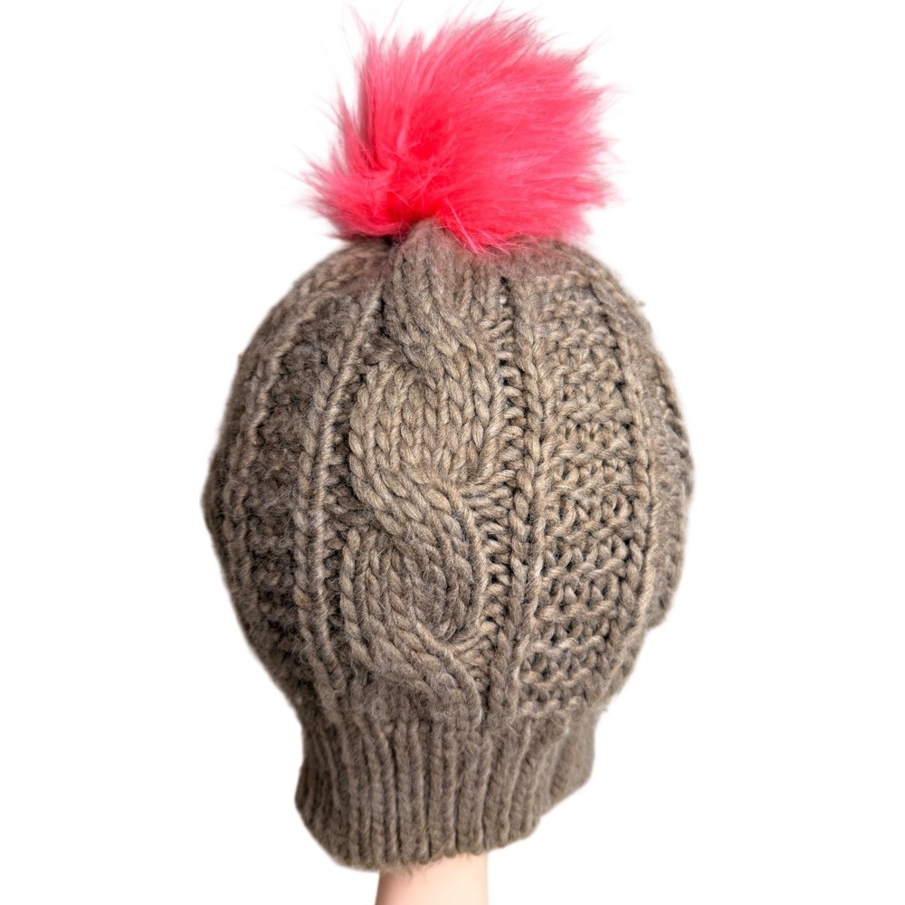 Aerie Cable Knit Beanie Faux Fur Pom Pom Brown Winter Hat OS